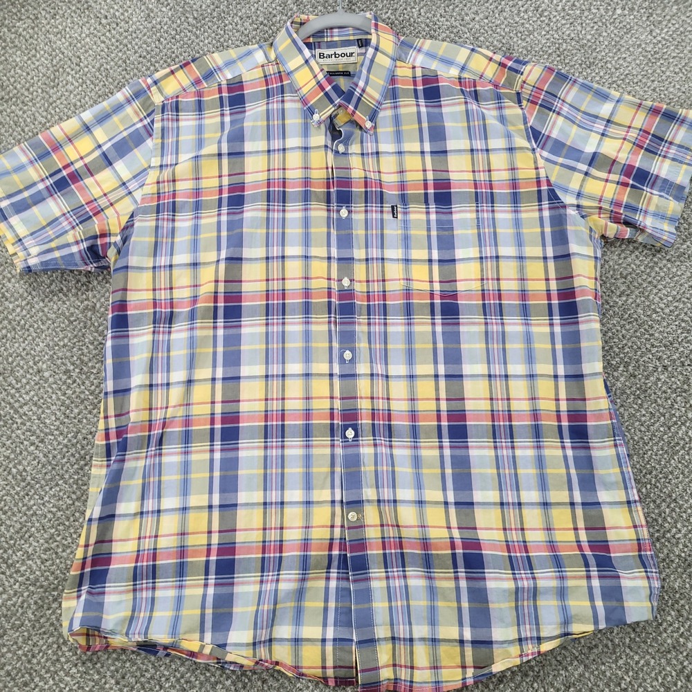 Barbour Gerald Mens XL Tailored Fit Plaid Short Sleeve Button Down‎ Cotton Shirt